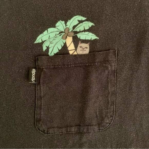 RipNDip unisex black short sleeve shirt with cat in pocket and palm tree -S - Picture 4 of 9